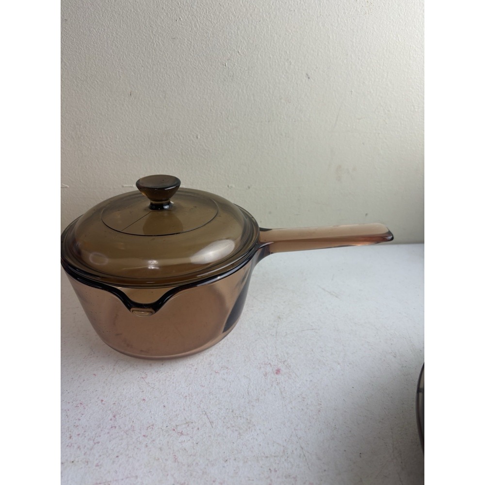 Vintage Corning Vision Ware 1L Amber Glass Pot Sauce Pan With Lid Made In USA